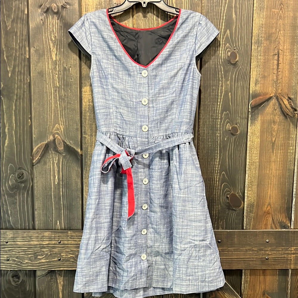 Brooks Brothers Blue Chambray Mini Dress with Red Trim